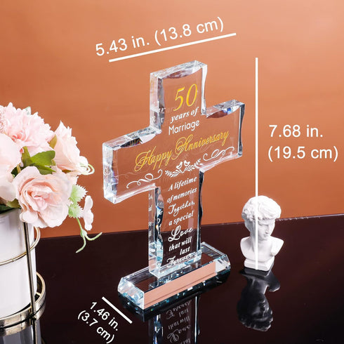 50th Wedding Anniversary Religious Cross Gift - Laser Engraved Glass Standing Cross Keepsake